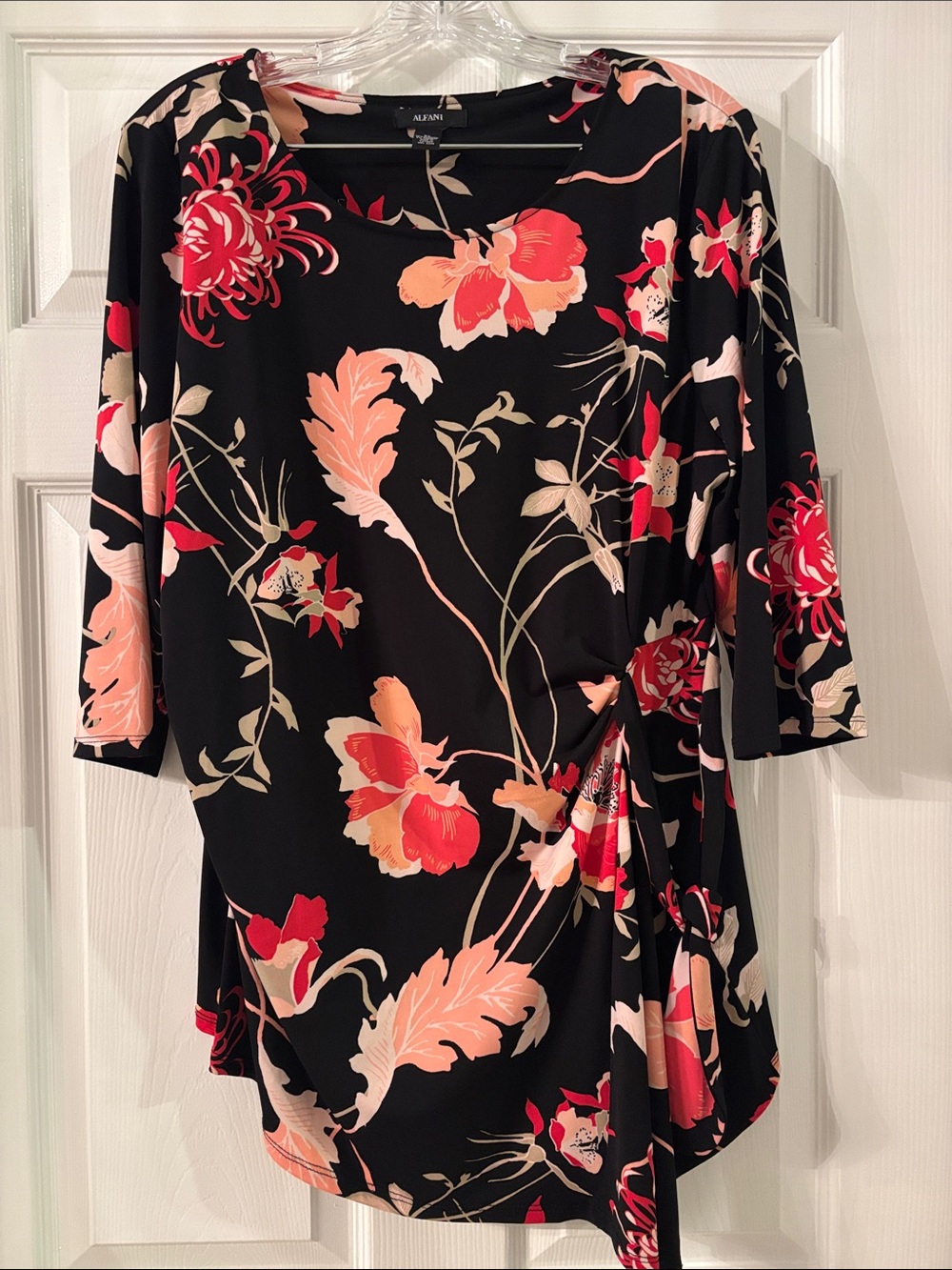 Alfani Black Floral Side-Ruched Tunic with Coral and Peach Blooms